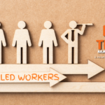 Illustration of wooden cutout figures standing on arrows, with one figure using a telescope. Text reads "Top Skilled Workers." Trade Management logo appears in the top right corner.