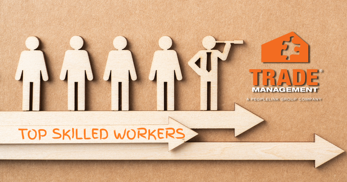Illustration of wooden cutout figures standing on arrows, with one figure using a telescope. Text reads "Top Skilled Workers." Trade Management logo appears in the top right corner.