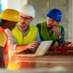 Job-ready skilled trades team engaged in planning meeting.